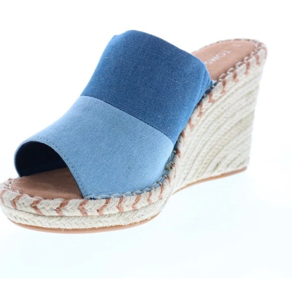 Toms Monica Mule Womens Blue Canvas Slip On 4” Heel Espadrille Wedges 9 NEW - Picture 1 of 12